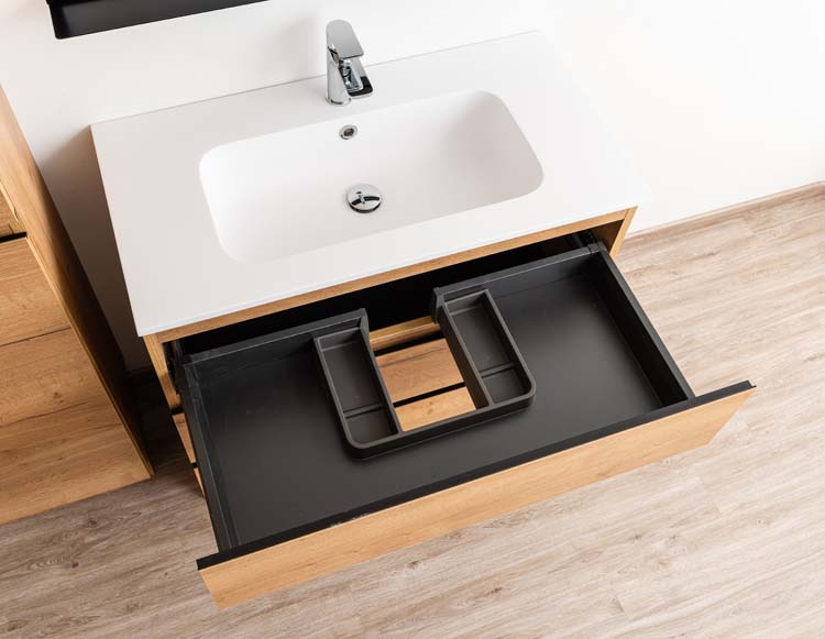 Meuble de salle de bain Daria chêne brun doré 900 mm sur pied lavabo mat