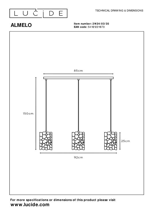 Lucide ALMELO - Suspension - 3xE27 - Noir