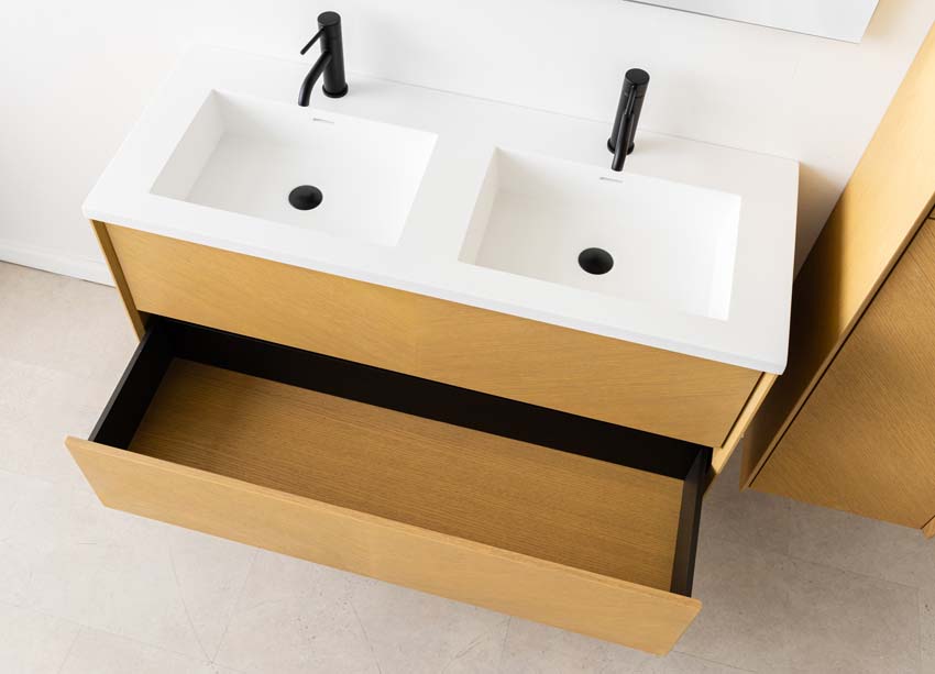 Meuble de salle de bain Waldorf chêne 1200 mm lavabo double solid surface