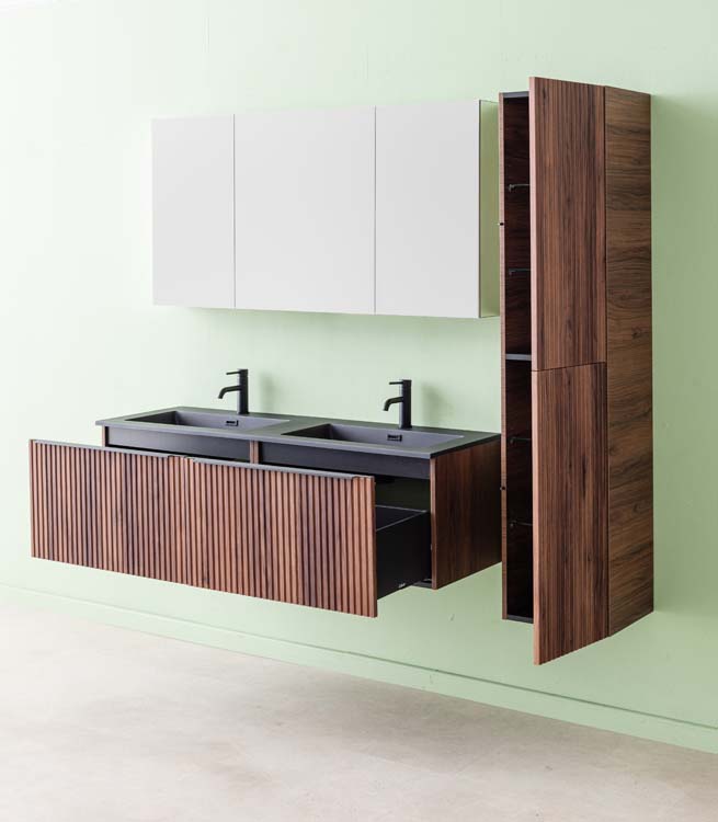 Meuble de salle de bain Soetkin noyer 2 tiroirs 1400 mm lavabo noir