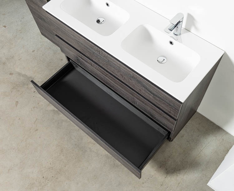 Meuble de salle de bain Dotan chêne foncé 1200 mm sur pied 2 lavabo brillant