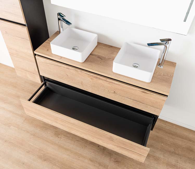 Meuble salle de bain Dotan 2 chêne/noir 1200 mm tabl saillie melamine