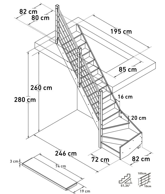 Escalier fermé chêne Freiburg avec quart tour bas gauche et avec rampe