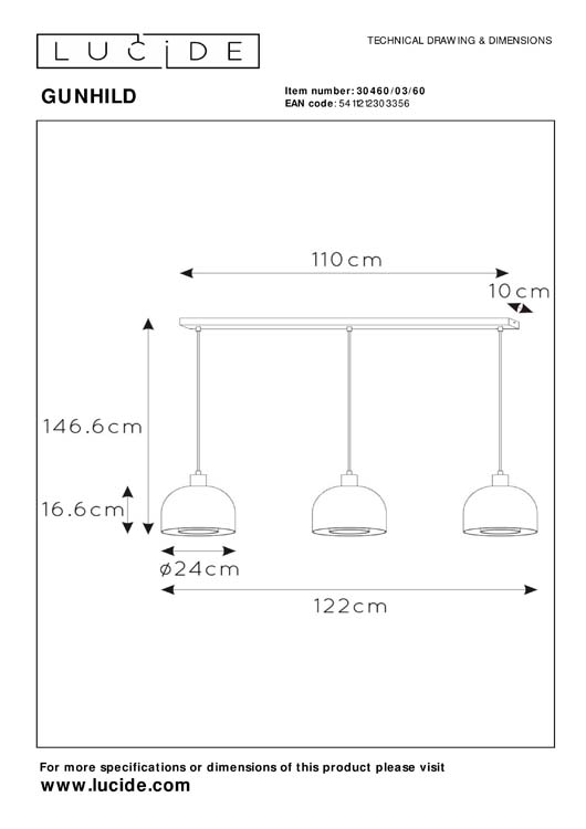 Lucide GUNHILD - Hanglamp - 3xE27 - Transparant