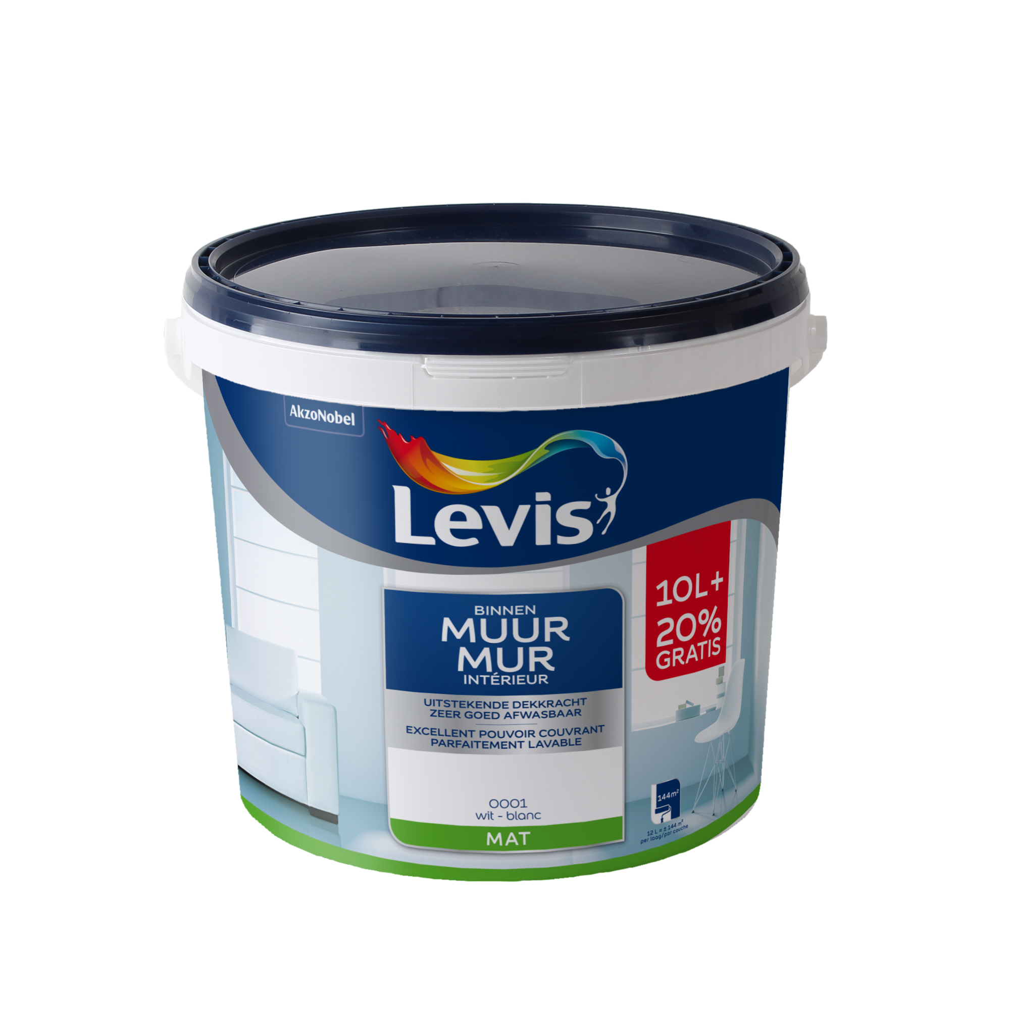 Levis Muur muurverf mat wit 10L+20% GRATIS