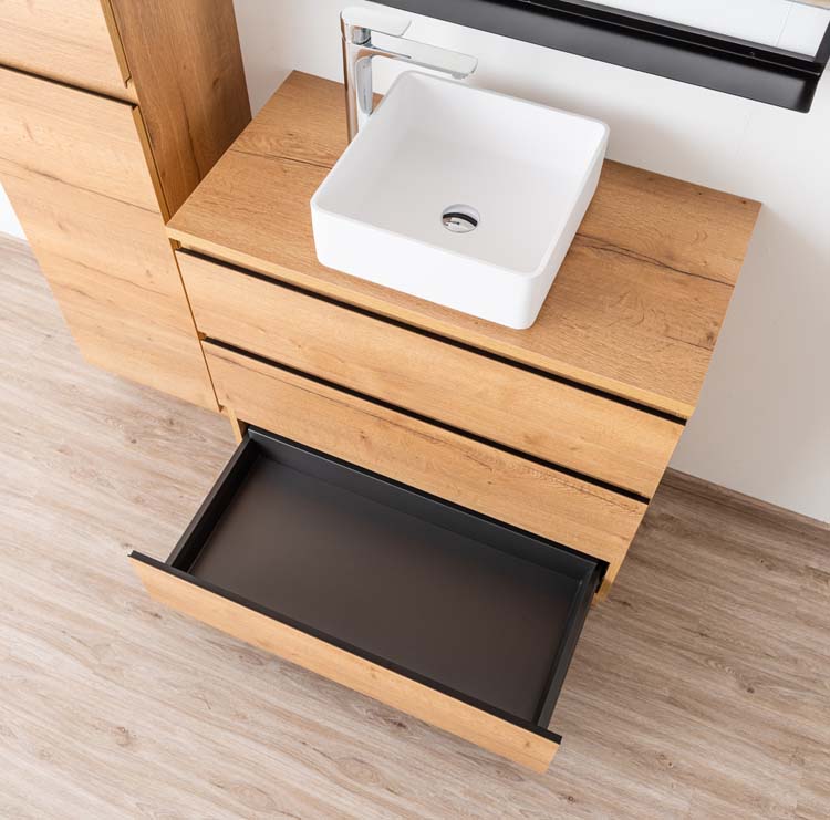 Meuble de salle de bain Daria chêne brun doré 900 mm sur pied tablette en saillie melamine