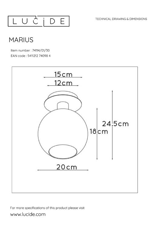 Lucide MARIUS - Plafonnière - 1xE27 - Zwart