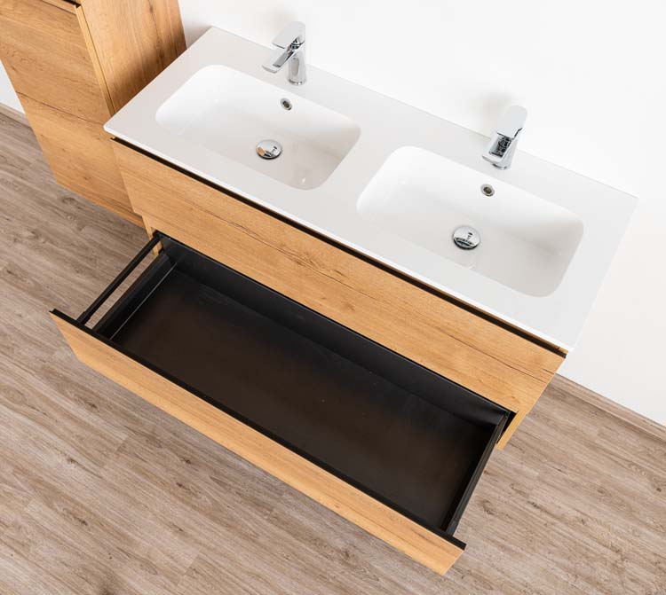 Meuble de salle de bain Daria chêne brun doré 1200 mm 2 lavabo brillant