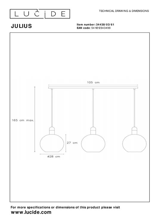 Lucide JULIUS - Suspension - 3xE27 - Opalin