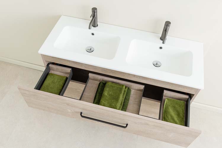 Meuble de salle de bain Plato chêne 1200 mm 2 tiroirs, vasque blanc mat