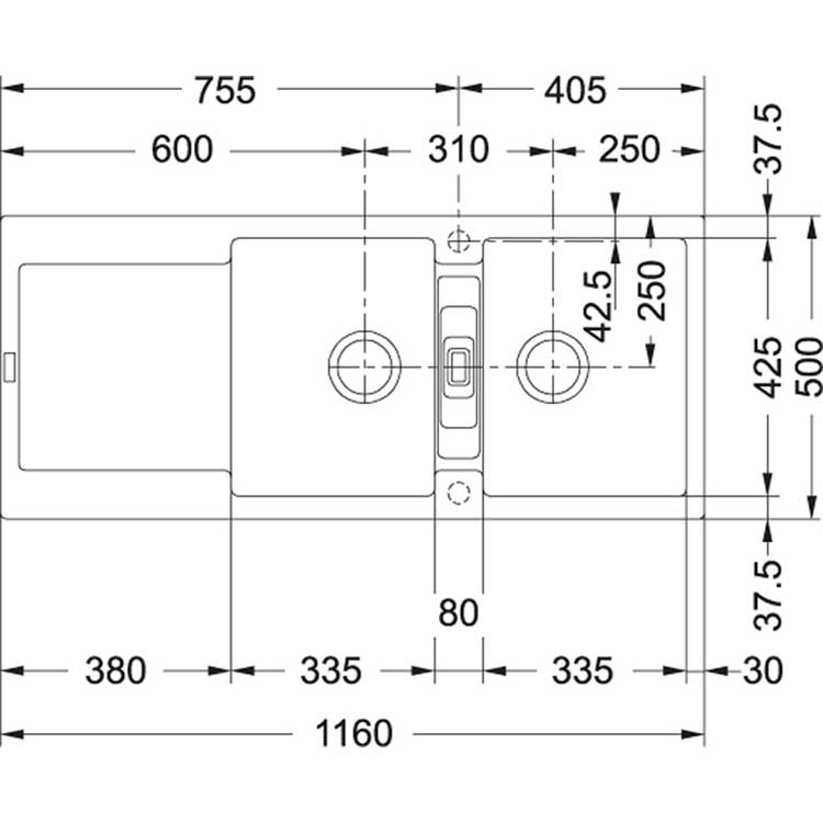 Franke inbouwspoelbak Maris 2bakken 1160x500mm omkeerbaar platinum