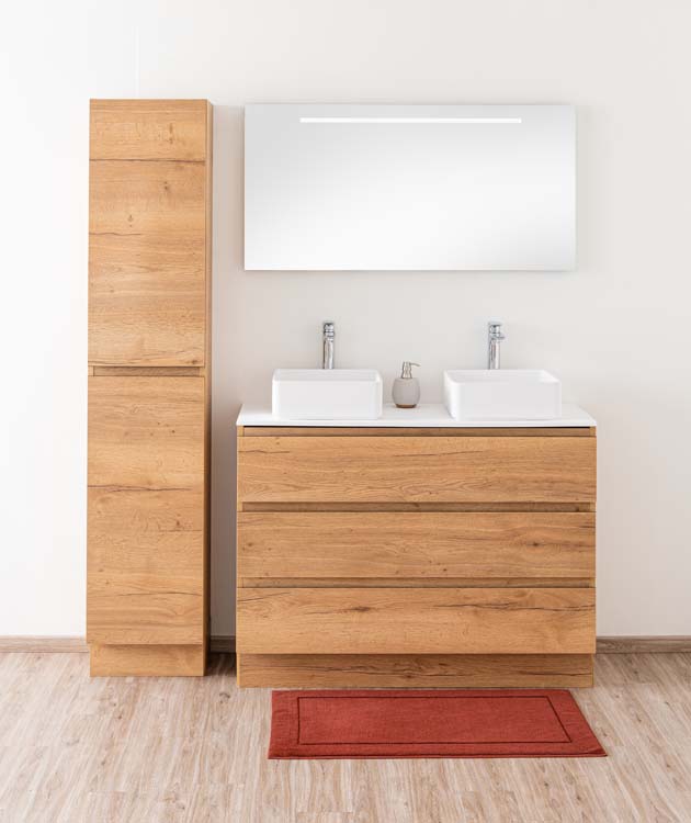 Meuble de salle de bain Daria chêne brun doré 1200 mm sur pied  tablette en saillie mat