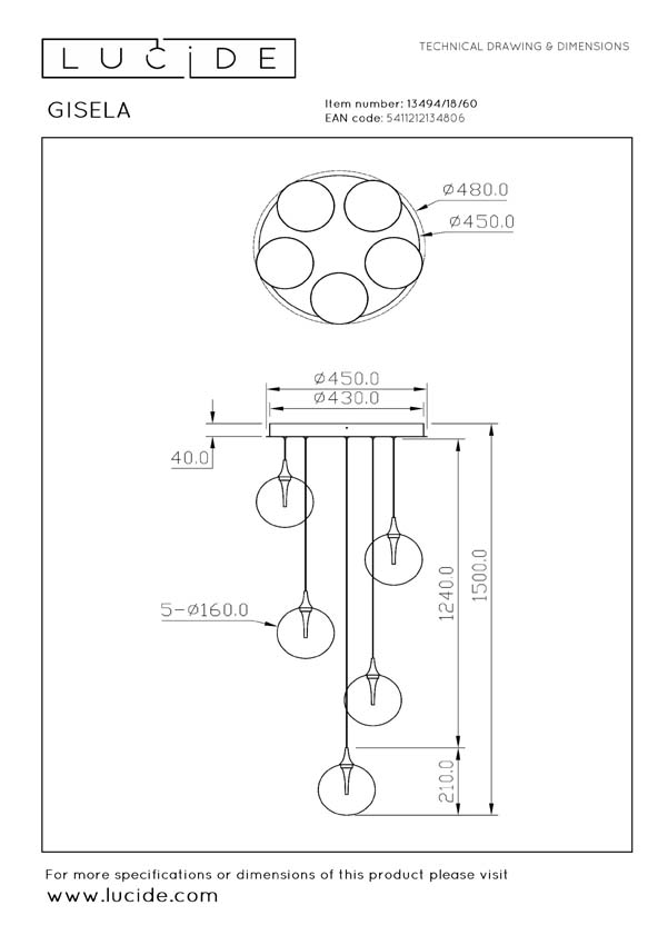 GISELA - Suspension - Ø 48 cm - LED Dim. - 5x3,8W 2700K - Transparent