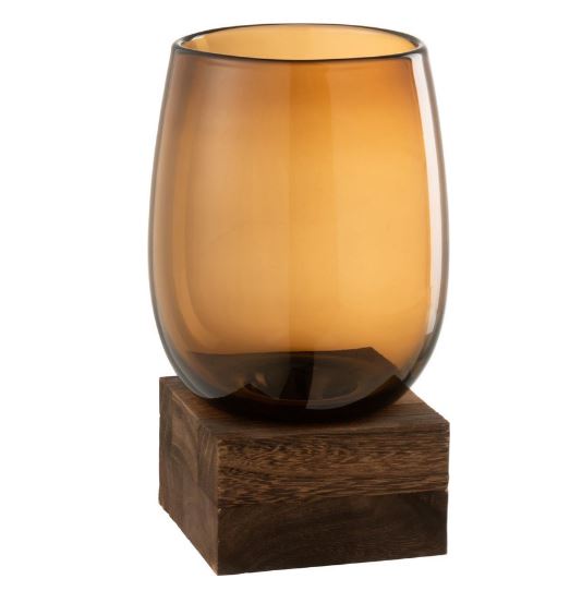 Vase sur pied haut verre/bois brun large