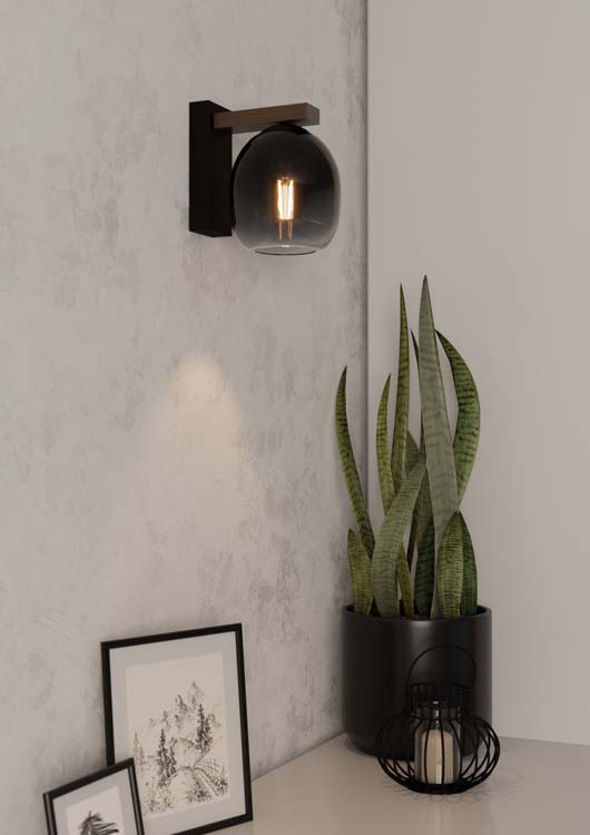 Wandlamp zwart-hout glas smockey grey E27