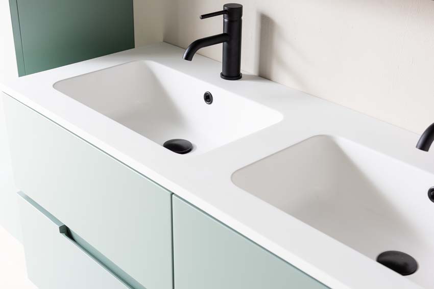 Meuble de salle de bain Truman gris-vert 1200 mm lavabo double blanc mat