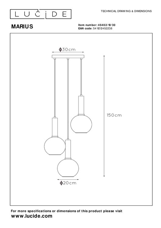 Lucide MARIUS - Hanglamp - Ø 48,5 cm - 3xE27 - Zwart