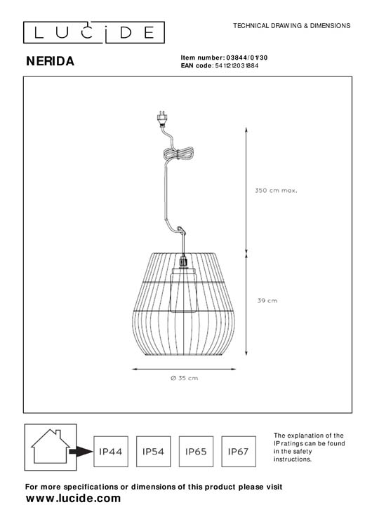 Lucide NERIDA - Suspension Extérieur - Ø 35 cm - 1xE27 - IP44 - Noir