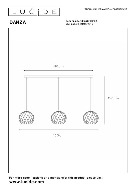 Lucide DANZA - Suspension - 3xE27 - Or Mat / Laiton