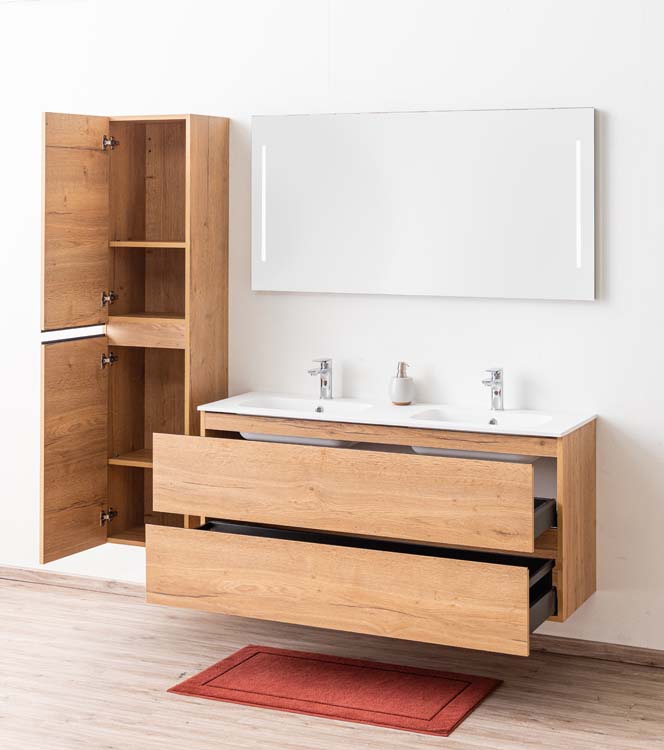 Meuble de salle de bain Daria chêne brun doré 1400 mm 2 lavabo mat