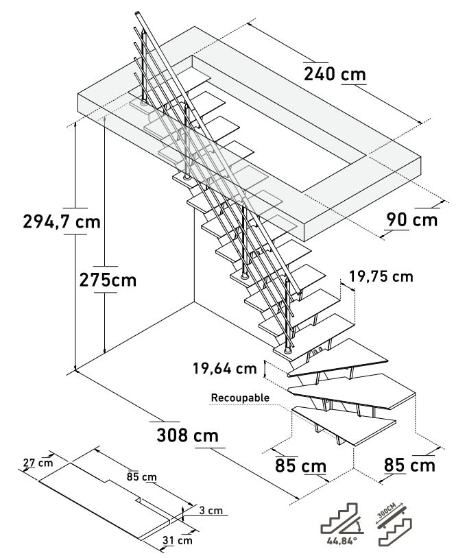 Escalier hêtre Bergheim quart tournant bas gauche avec rampe