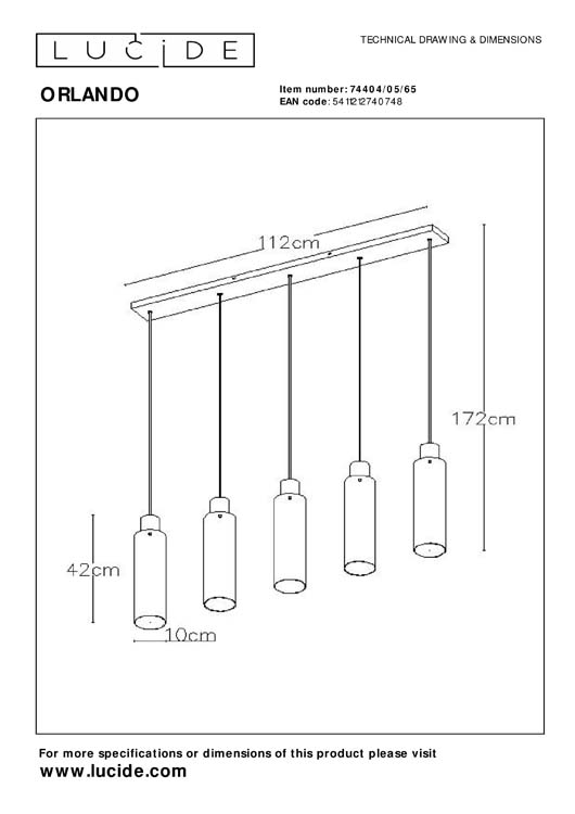 Lucide ORLANDO - Hanglamp - 5xE27 - Fumé