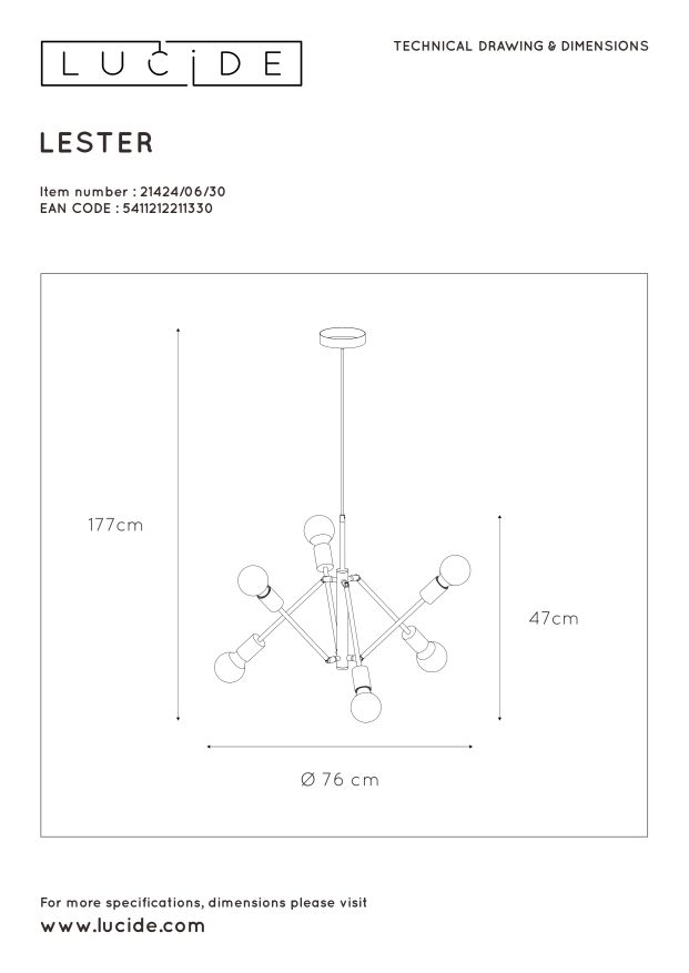 LESTER Suspension 6x E27/40W Black