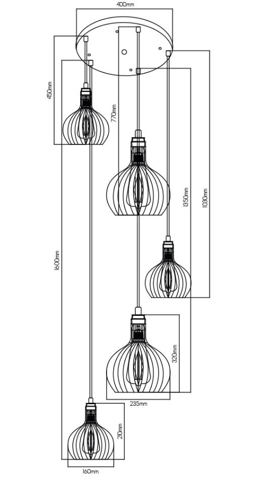 Lampe suspension 5 x E27 noir cuivre 1m