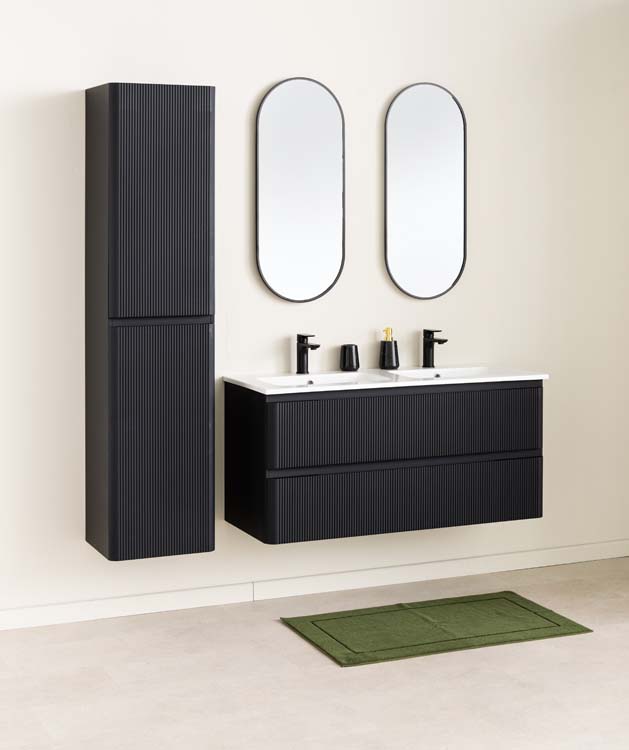 Meuble de salle de bain Julia noir mat 2 tiroirs 1200 mm lavabo blanc brillant