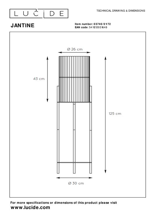 Lucide JANTINE - Lampadaire - Ø 30 cm - 1xE27 - Bois clair