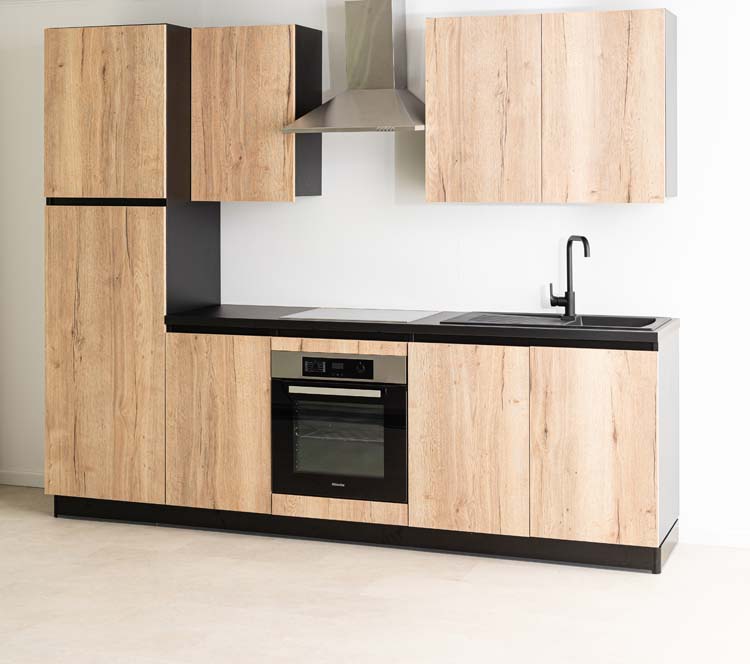 Cuisine Plenti 270cm - four en bas - avec appareils - noire-aspect bois