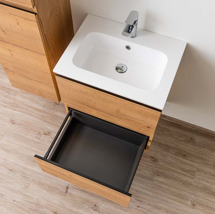 Meuble de salle de bain Daria chêne brun doré 600 mm lavabo brillant