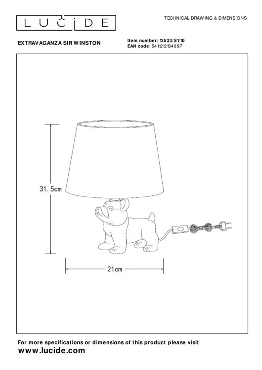 Lampe de table or noir chien h31.5cm excl lampe LED possible