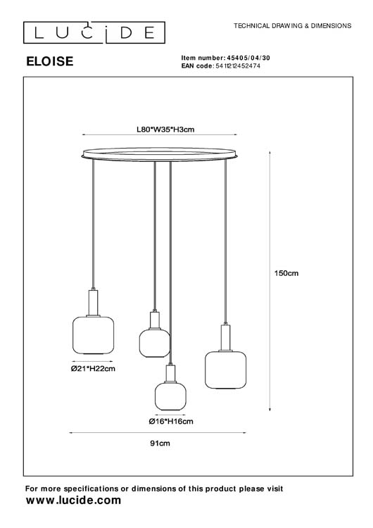 Lucide ELOISE - Hanglamp - 4xE27 - Zwart