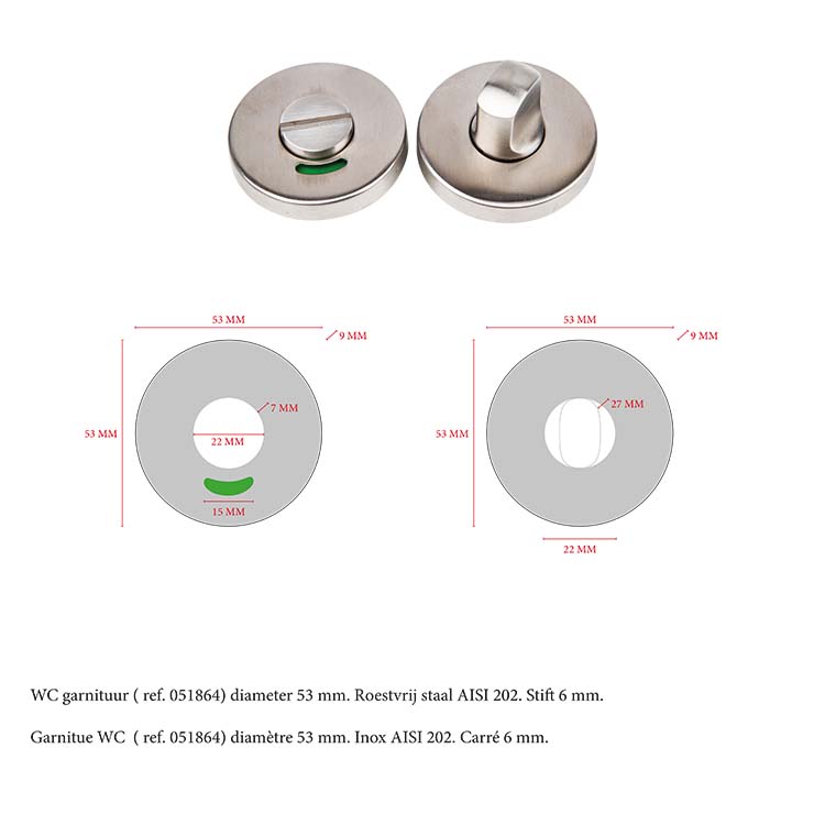 WC serrure garniture inox ronde set= 2 pièces