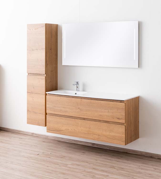 Meuble de salle de bain Daria chêne brun doré 1400 mm lavabo brillant gauche