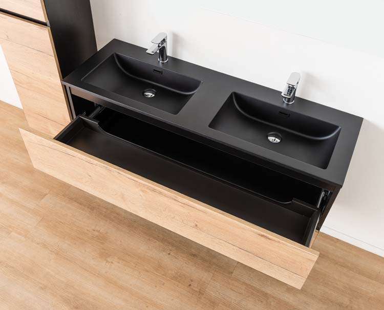 Meuble de salle de bain Dotan chêne chêne/noir 1400 mm 2 lavabo mat noir