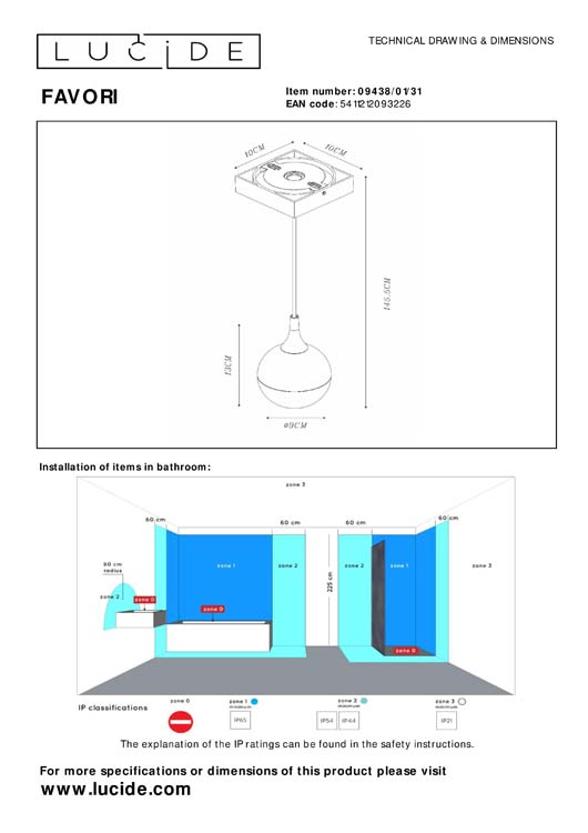 Lucide FAVORI - Suspension Salle de bains - Ø 9 cm - 1xGU10 - IP44 - Blanc