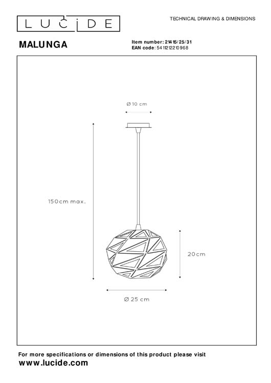 Lucide MALUNGA - Hanglamp - Ø 25 cm - E27 - Wit