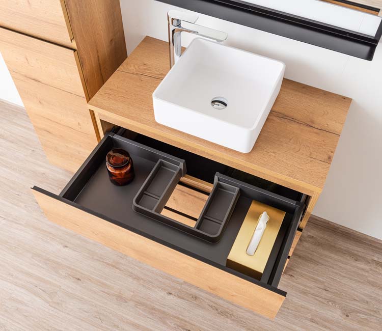 Meuble de salle de bain Daria chêne brun doré 900 mm sur pied tablette en saillie melamine