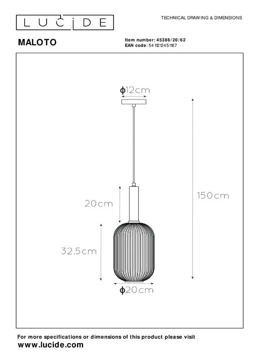 Lucide MALOTO - Hanglamp - Ø 20 cm - E27 - Amber