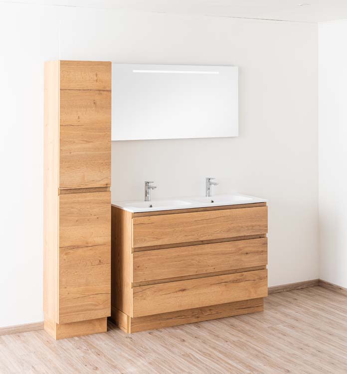 Meuble de salle de bain Daria chêne brun doré 1200 mm sur pied 2 lavabo mat