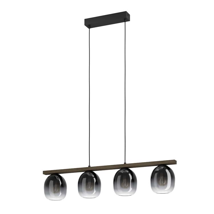 Lampe suspendue noir-bois verre gris fumé E27