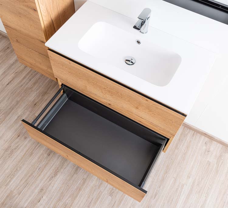 Meuble de salle de bain Daria chêne brun doré 900 mm lavabo mat