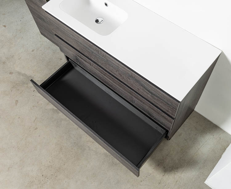 Meuble de salle de bain Dotan chêne foncé 1200 mm sur pied lavabo brillant gauche