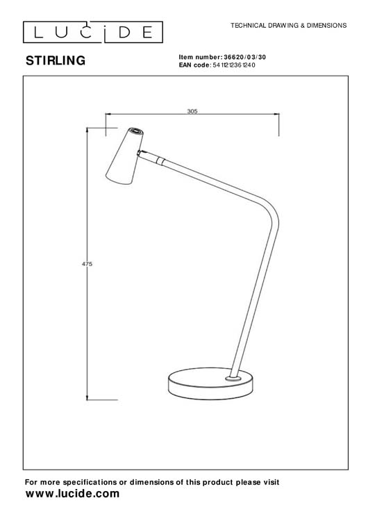 STIRLING - Lampadaire / lampe de lecture Rechargeable - Batterie - LED Dim. - 1x3W 2700K - 3 StepDim - Noir