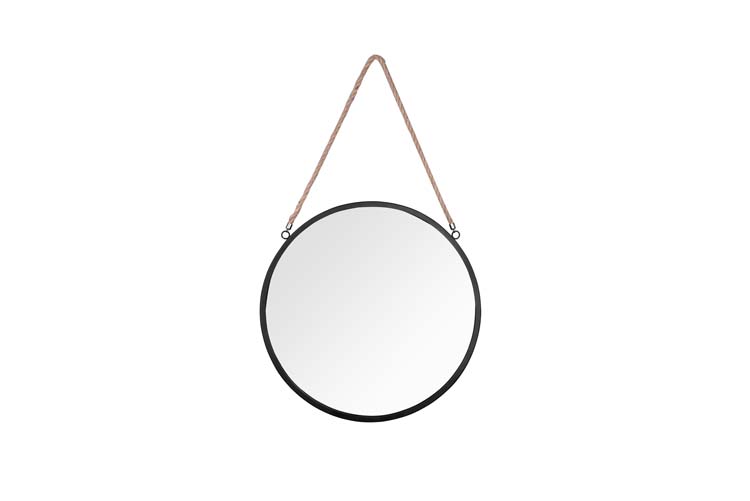 Miroir métal rond noir D40 cm avec corde