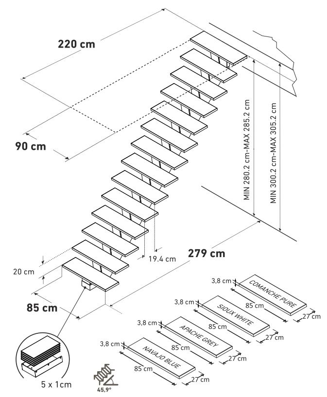 Escalier chêne Lanz droit fini avec huile apache gris