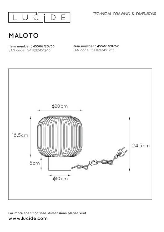 Lucide MALOTO - Lampe de table - Ø 20 cm - 1xE27 - Ambre