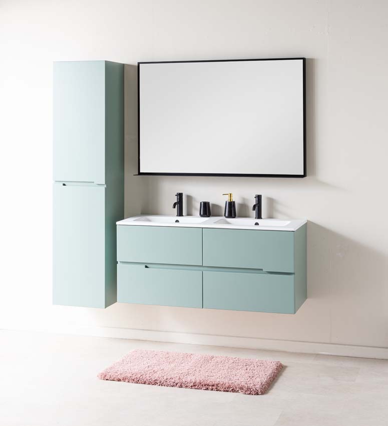 Meuble de salle de bain Truman gris-vert 1200 mm lavabo double blanc mat